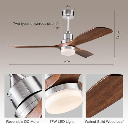 52 Inch Brushed Nickel Ceiling Fans with Lights and Remote Control, Dimmable, Modern Ceiling Fan Light, 3 Blades, 6 Speed DC Motor, Indoor Outdoor Ceiling Fan for Farmhouse,Bedroom