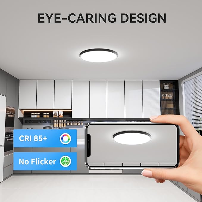 WKONCLDY 3200lm LED Flush Mount Ceiling Light, Super Slim 12 inch LED Ceiling Light, 5000K LED Ceiling Light for Bedroom, Living Room, Dining Room (Black, One Pack)