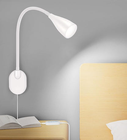 LiFMIRA Wall-Mounted LED Bedside Reading Light with USB Charging Port, 10-Level Dimmable & Adjustable 5 Color, Plug-in Adhesive Night Lamp for Books in Bed, Eye-Caring Bedroom Lighting (White 2 Pack)