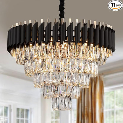 AXILIXI Crystal Chandelier Contemporary, 24" Modern Living Room Chandeliers, K9 Crystal Ceiling Lights Fixtures, Round 5 Tiers Pendant Lighting Chandelier Black for Entryway Dining Room Staircase