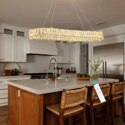 HAIXIANG LED Long Chandeliers for Dining Table Modern Chandelier Dimmable Pendant Lights Crystal Rectangular Glam Lighting Fixtures for Dining Room Kitchen Island Silver