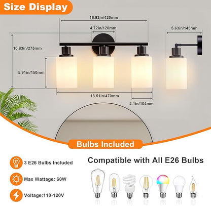 DLLT 3-Light Bathroom Light Fixtures: Black Modern Vanity Lights with E26 Bulbs - Milky White Glass Shade Bathroom Wall Lamp for Mirror Kitchen Living Room Hallway Cabinet Porch