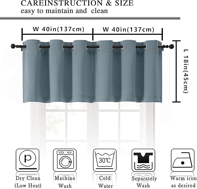 Simplebrand Stone Blue Kitchen Valances for Windows 18 Inches Long 2 Pack, Room Darkening Window Valances for Living Room, Grommet Short Straight Drape Kitchen Curtains for Bedroom Kids Room, 40Wx18L