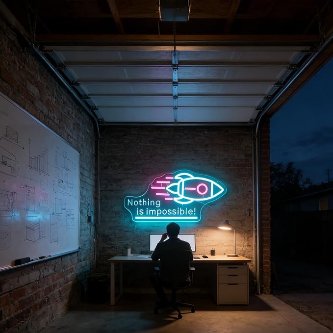 "Nothing Is Impossible!" Rocket Neon Light for Gaming Room Office – Motivational LED Wall Art, Dimmable USB Space-Themed Decor for Study Gym, Inspiring Gift for Gamers Teens Entrepreneurs