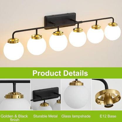 Black Gold Bathroom Light Fixtures Over Mirror, Modern Vanity Lighting with Milk White Glass Globe Shades 6-Light Farmhouse Wall Sconce