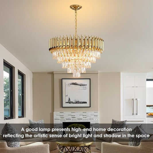 Gold Crystal Chandeliers Modern Round Chandelier for Dining Room 5 Tiers Ceiling Pendant Light Fixtures Large Ceiling Chandeliers for Foyer Living Room Bedroom Foyer entryway 24” 12 Lights