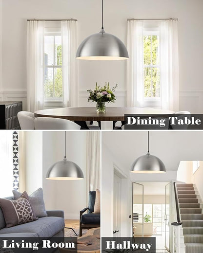 Brushed Nickel Pendant Lights Kitchen Island, 16 Inch Large Dome Pendant Light, Modern Farmhouse Pendant Light for Kitchen Island, Dining Room, Cafe, Bar, 2 Pack