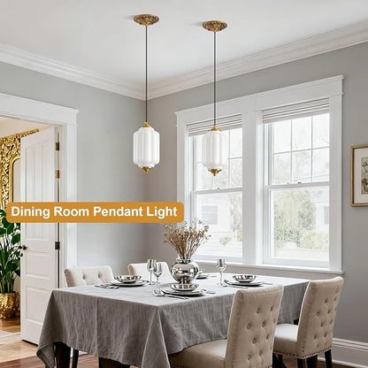 Milk Glass Pendant Light, 5.5in Small Schoolhouse Light Fixture, LED Bulb Included, Vintage Art Deco Chandelier for Kitchen Island Dining Room Bedroom Hallway, White & Antique Gold 1 Pack