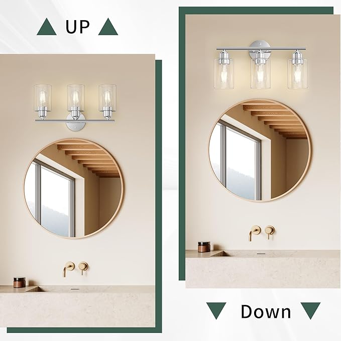 Bathroom Vanity Light Fixtures Polished Chrome Bathroom Lighting Fixture, 3 Lights Bathroom Light Fixture Over Mirror, Modern Black Vanity Light, Wall Sconces with Glass Shades