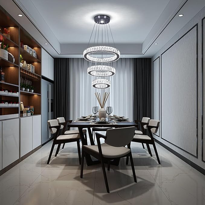 Finktonglan 3-Ring Crystal LED Chandelier, Cool White 6500K, 52W Integrated, Adjustable Height & Shapes, K9 Crystal & Stainless Steel Pendant Light for Dining Living Room Foyer, Non-Dimmable