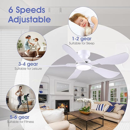 Kviflon 52 Inch Modern Ceiling Fans with Lights, Flush Mount Ceiling Fan with Light and Remote/APP Control, 5 Reversible 6 Speeds Curved Blades, 3 CCT Dimmable Lights for Bedroom, White