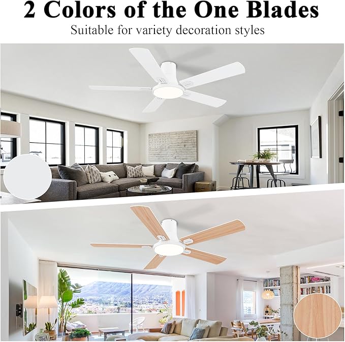 SNJ 52 Inch White Ceiling Fans with Lights and Remote,Flush Mount Low Profile 5 Blades Ceiling Fan,Dimmable Quiet Reversible DC Motor for,Living Room,Bedroom and Patio