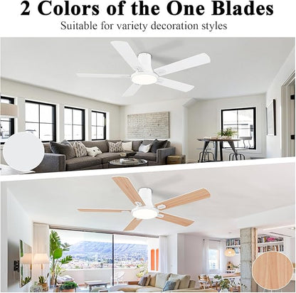 SNJ 52 Inch White Ceiling Fans with Lights and Remote,Flush Mount Low Profile 5 Blades Ceiling Fan,Dimmable Quiet Reversible DC Motor for,Living Room,Bedroom and Patio