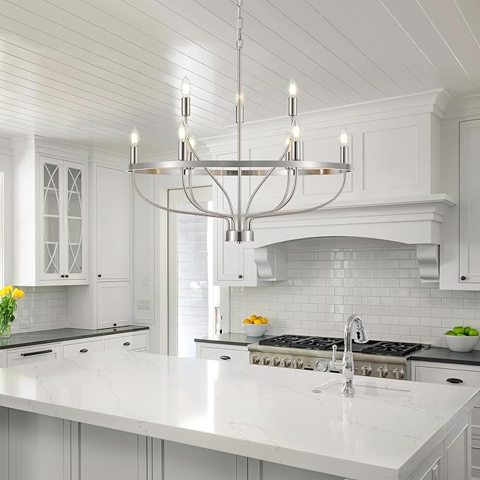 9-Light Brushed Nickel Chandelier, Modern Candle Chandeliers for Dining Room 30" Metal Vintage Farmhouse Chrome Chandelier Light Fixture for Kitchen Island, Bedroom, Foyer, Living Room