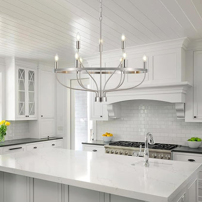 9-Light Brushed Nickel Chandelier, Modern Candle Chandeliers for Dining Room 30" Metal Vintage Farmhouse Chrome Chandelier Light Fixture for Kitchen Island, Bedroom, Foyer, Living Room