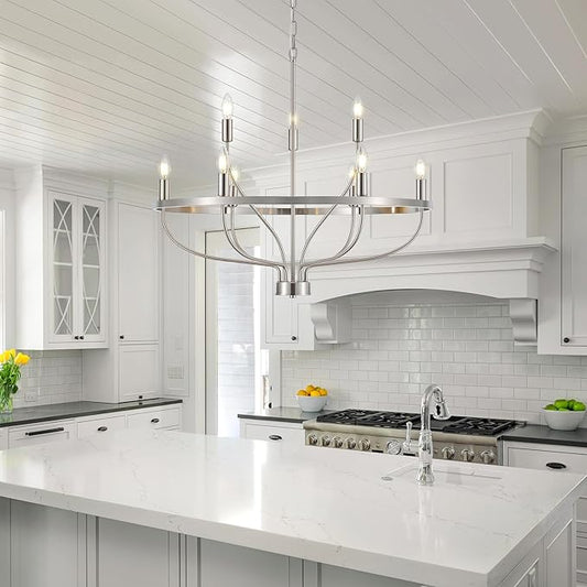 9-Light Brushed Nickel Chandelier, Modern Candle Chandeliers for Dining Room 30" Metal Vintage Farmhouse Chrome Chandelier Light Fixture for Kitchen Island, Bedroom, Foyer, Living Room