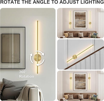 Battery Operated Modern Wall Sconces Set of Two,Rechargeable Wireless Wall Lights with Remote Control,Dimmable,3CCT,Timer,360°Rotation,Cordless Lighting for Bedroom,Living Room,Hallway,Brass,27.6 Inch