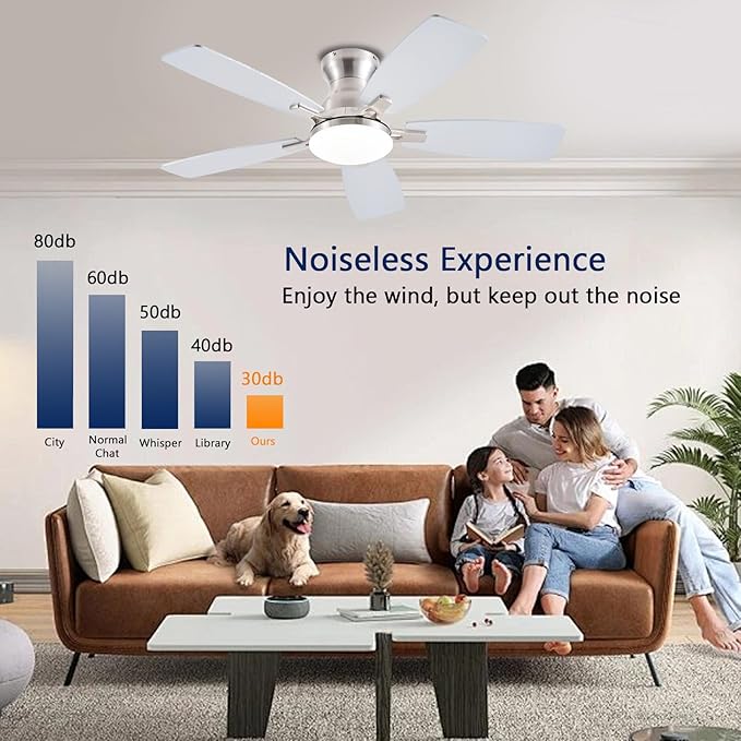 JSAITEE Ceiling Fans with Lights, 42 Inch Low Profile Ceiling Fan with Light and Remote Control, Flush Mount, DC Reversible Motor, Noiseless, Nickel 6 Speeds Ceiling Fan for Bedroom