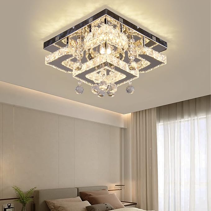 11.8" Modern Crystal Chandelier LED Ceiling Light Fixture Suitable for Kitchen Corridor Hallway Bedroom Bathroom Dining Room 4 Petals/Raindrop Ball Square Wall Switch （Warm Light）