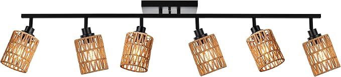 MELUCEE Ceiling Track Lighting Kits 6 Light Farmhouse Bathroom Light Fixtures with Flexibly Rotatable Light Head, Black Spotlights with Rattan Lamp Shade for Hallway Porch Foyer Bath