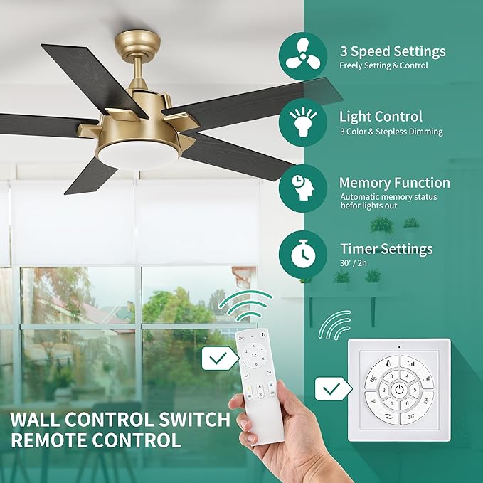 YITAHOME Black Gold Ceiling Fan with Light and Wall Switch Remote, 52 Inch Modern Ceiling Fan, Quiet Reversible Motor, Dimmable Fan with Light for Bedroom Living Room Patio Indoor