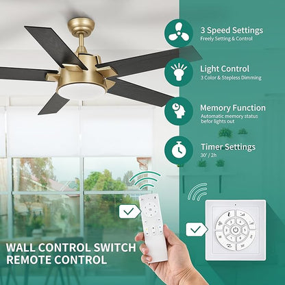 YITAHOME Black Gold Ceiling Fan with Light and Wall Switch Remote, 52 Inch Modern Ceiling Fan, Quiet Reversible Motor, Dimmable Fan with Light for Bedroom Living Room Patio Indoor
