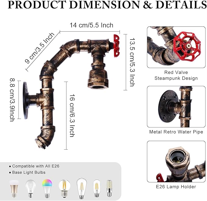 XEYOU Retro Wall lamp Vintage Industrial Steampunk Wall Sconce with Switch Metal Water Pipe Wall Mounted Light Fixture E26 Edison Bulb for Cafe Bar Restaurant Bedroom Livingroom