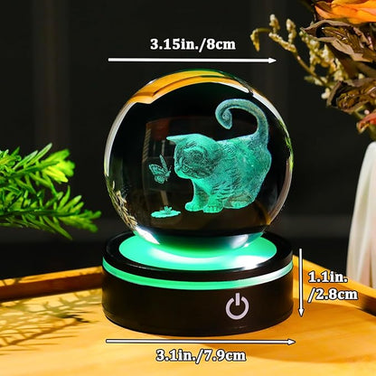 YWHL 3D Cat Crystal Ball Figurine with Colorful LED Base, Laser Engraved Cat Gifts for Women Men Cats Lovers, Glass Cats and Butterfly Statue Decorative Ball for Home Decor (80mm)
