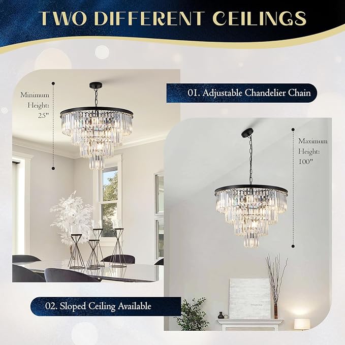 Black Crystal Chandeliers 12 Lights Luxury 24" Round Chandelier 4-Tier Modern Ceiling Pendant Light Fixture K9 Crystal Lighting for Living Room Dining Room Staircase Foyer