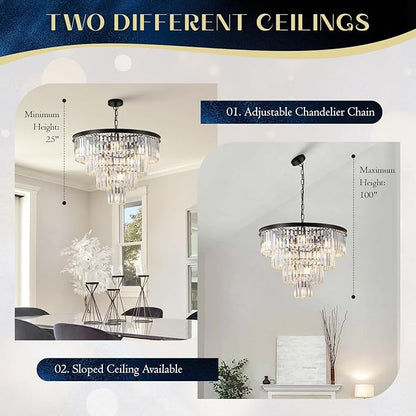 Black Crystal Chandeliers 12 Lights Luxury 24" Round Chandelier 4-Tier Modern Ceiling Pendant Light Fixture K9 Crystal Lighting for Living Room Dining Room Staircase Foyer