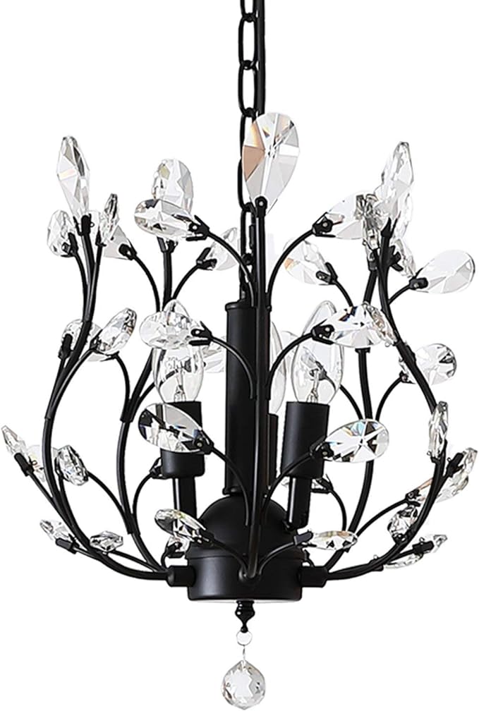 Garwarm Vintage K9 Clear Crystal Chandeliers Ceiling Lights, 3 Lights Crystal Pendant Lighting, Ceiling Light Fixtures for Living Room Bedroom Restaurant Porch (Black)