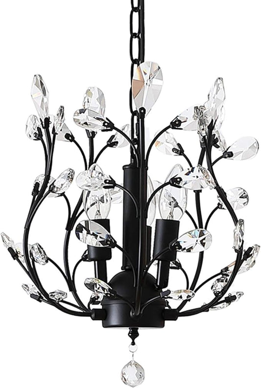 Garwarm Vintage K9 Clear Crystal Chandeliers Ceiling Lights, 3 Lights Crystal Pendant Lighting, Ceiling Light Fixtures for Living Room Bedroom Restaurant Porch (Black)