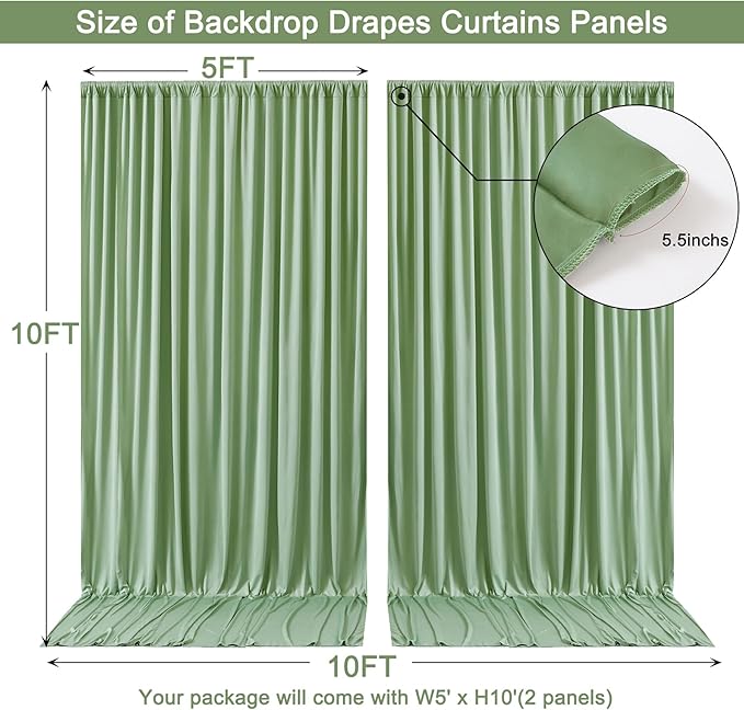 10x10ft Sage Green Backdrop Curtain for Wedding Parties Wrinkle Free Fabric Sage Green Drapes Backdrop Decoration for Baby Shower Birthday Photography Decoration 2 Panels, 5ft x 10ft