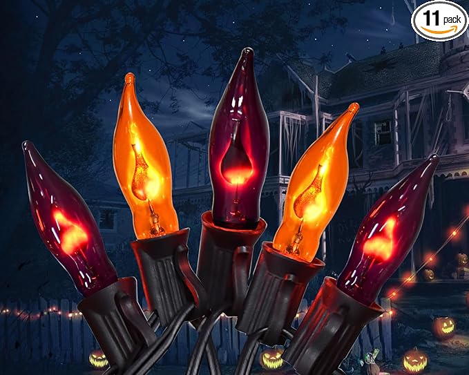 PASUTO Orange and Purple Halloween Lights - Flickering Flame String Lights, 12.8Ft Indoor Outdoor Halloween Lights C7 Retro Flame String Lights, Ideal for Fall Halloweens Decorations for Home Party