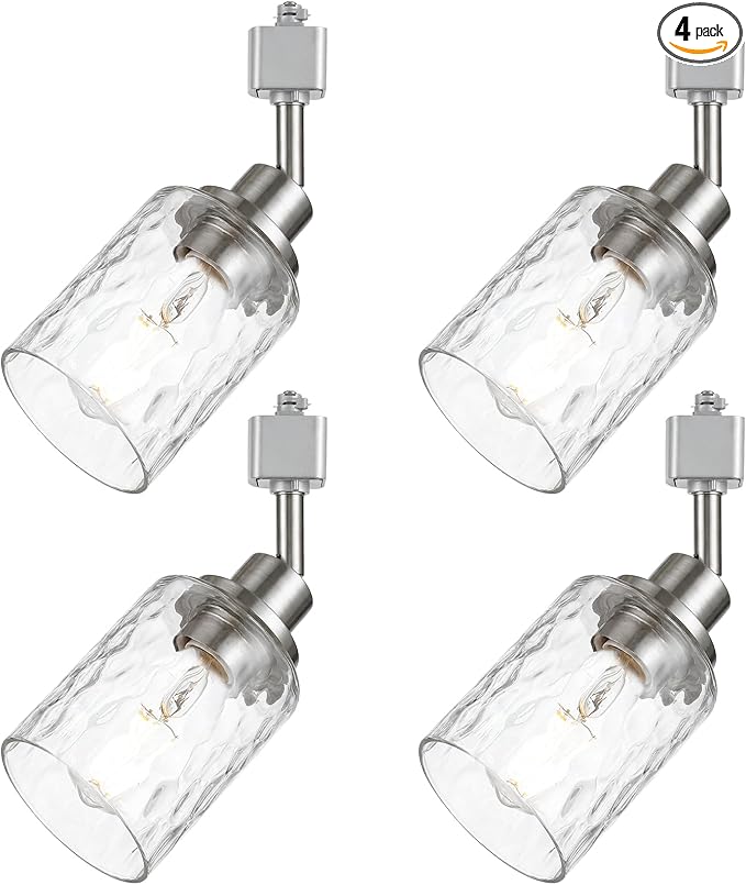 4 Pack H Track Lighting Replacement Heads Brushed Nickel Track Lighting Fixtures with Clear Clear Hammered/Water Ripples Glass H Type Track Light Heads Ceilig Spotlight for Retail Shop Kitchen