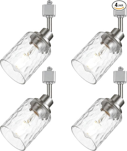 4 Pack H Track Lighting Replacement Heads Brushed Nickel Track Lighting Fixtures with Clear Clear Hammered/Water Ripples Glass H Type Track Light Heads Ceilig Spotlight for Retail Shop Kitchen