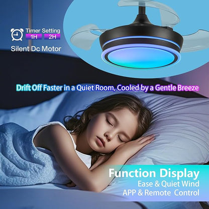 30" RGB Retractable Fandelier Ceiling Fan Dimmable Chandelier Ceiling Fans with Lights and Remote APP Control for Living Dinning Room Bedroom Black