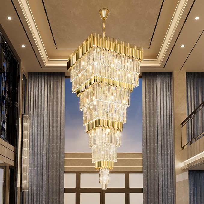 W32 x H94.5 Large Gold Chandeliers for High Ceiling, 25-Light Square Tiered K9 Crystal Raindrop Chandelier, Adjustable Height Luxury Pendant Light for Staircase, Villa Foyer, Entryway