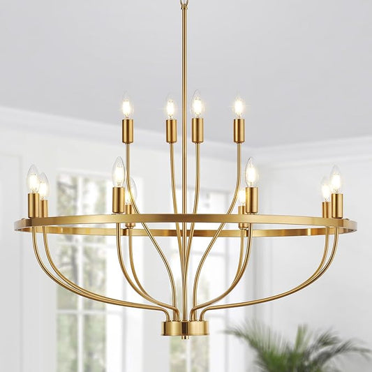 33.5" Modern Gold Chandelier Light Fixture Vintage Mid Century Modern 12-Lights Candle Style Chandeliers Retro Golden Chandelier for Dining Room, Kitchen Island, Living Room, E12