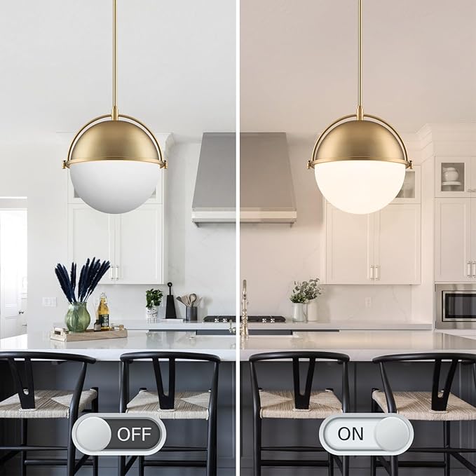 11.4 Inch Gold Globe Pendant Light Fixtures,Mid Century Modern Pendant Lights Kitchen Island with Milk Glass Shade, Adjustable Hanging Light Fixture for Kitchen Dining Room Bedroom Bathroom