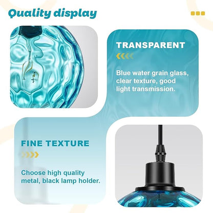 3-Light Kitchen Island Pendant Light with Blue Glass Shades, Adjustable Black Hanging Ceiling Lamp, Mid Century Modern Chandelier for Dining Room, Breakfast Bar, Farmhouse