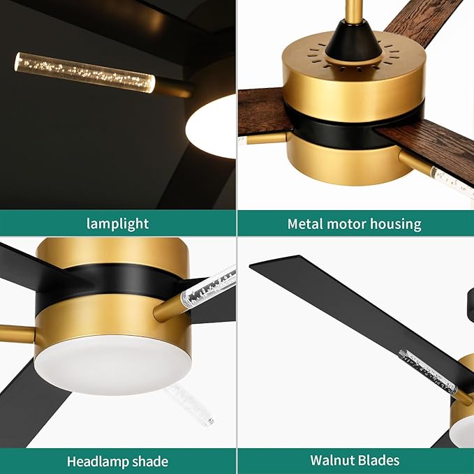 YITAHOME 60 inch Ceiling Fan with Light and Remote, Crystal Rod Design, Modern Fanlight with Reversible Quiet Motor, Black Gold Indoor Ceiling Fan with 3 LED Colors, Memory Function