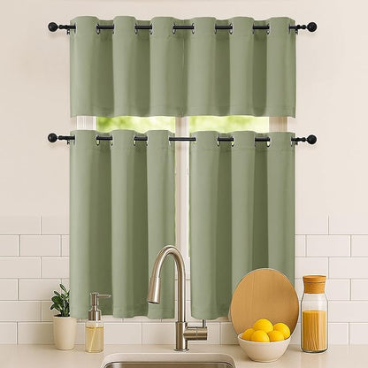 Simplebrand Sage Green Window Valance for Kitchen 14 Inches Long 2 Panels Set, Room Darkening Valance Curtains for Living Room, Grommet Short Privacy Kitchen Curtains for Bedroom Kids Room, 40Wx14L