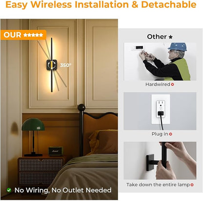 GvvooHome Battery Operated Wall Sconce Detachable 360°Rotate, Wireless Wall Lamp 3000-6500K Dimmable, 10000mAh Rechargeable Wall Light for Bedroom, Living Room，28.3" Black Gold (1 Pack)