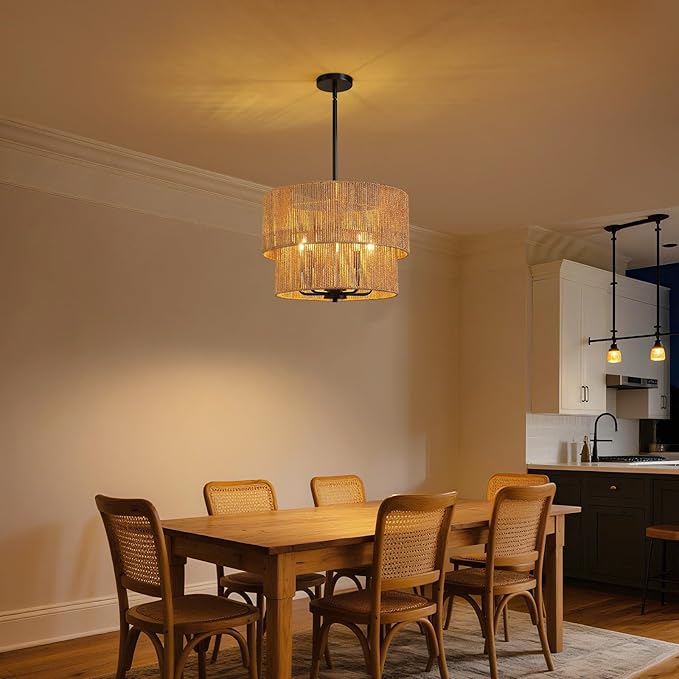 RUIYEY Rattan Chandelier Light Fixtures: 18 inch Boho Large Pendant Lights with Wicker Lampshade, E12 5 Light Height Adjustable Hand Woven Hanging Black Chandeliers for Dining Room Kitchen Living Room