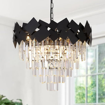 Black Crystal Chandelier Modern Round Chandelier Crystal Ceiling Pendant Light 24'' 5 Tiers Dining Room Chandelier over Table k9 Luxury Hanging Lamp Fixtures for Entryway Foyer Dining Room Bedroom