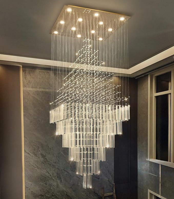 HAIXIANG W32 x H120 Glam Chandelier with LED Bulbs Square Chandeliers, Crystal Raindrop High Ceiling Pendant Light for Entrance Large Villa Foyer Lighting Fixtures Gold