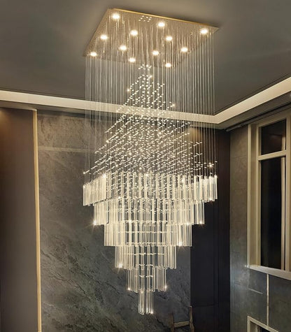 HAIXIANG W32 x H120 Glam Chandelier with LED Bulbs Square Chandeliers, Crystal Raindrop High Ceiling Pendant Light for Entrance Large Villa Foyer Lighting Fixtures Gold