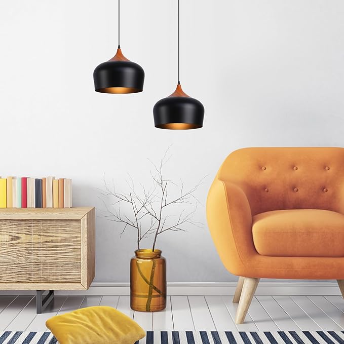 Modern Pendant Light Fxtures Kitchen, Hanging Light Fixtures Ceiling Mount, Wood Metal Shade Pendant Lamp for Dining Room, Bedroom, Living Room, Bathroom, Entryway, Small Chandelier, Black