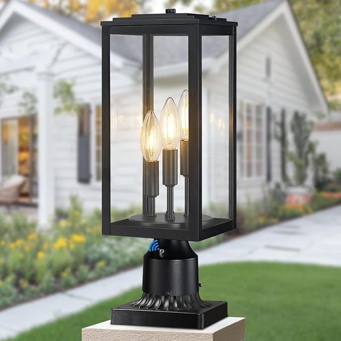 16.6'' Dusk to Dawn Post Light Outdoor, Large 3-Light Lamp Post Light Fixture, Modern Pillar Outside Lighting Waterproof Post Lantern Pole Lights for Porch, 1 Pack (Not Include Mounting Base)